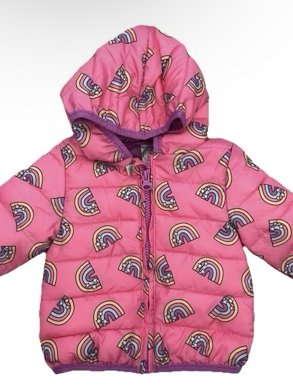 Baby Girl Pink Winter Jacket With Rainbows Size 6-9 Months